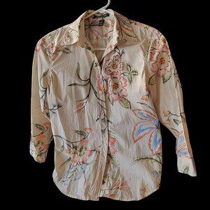 Ralph Lauren Floral Button Up Long Sleeve Cotton Shirt Top Cream Multi Color ~XS